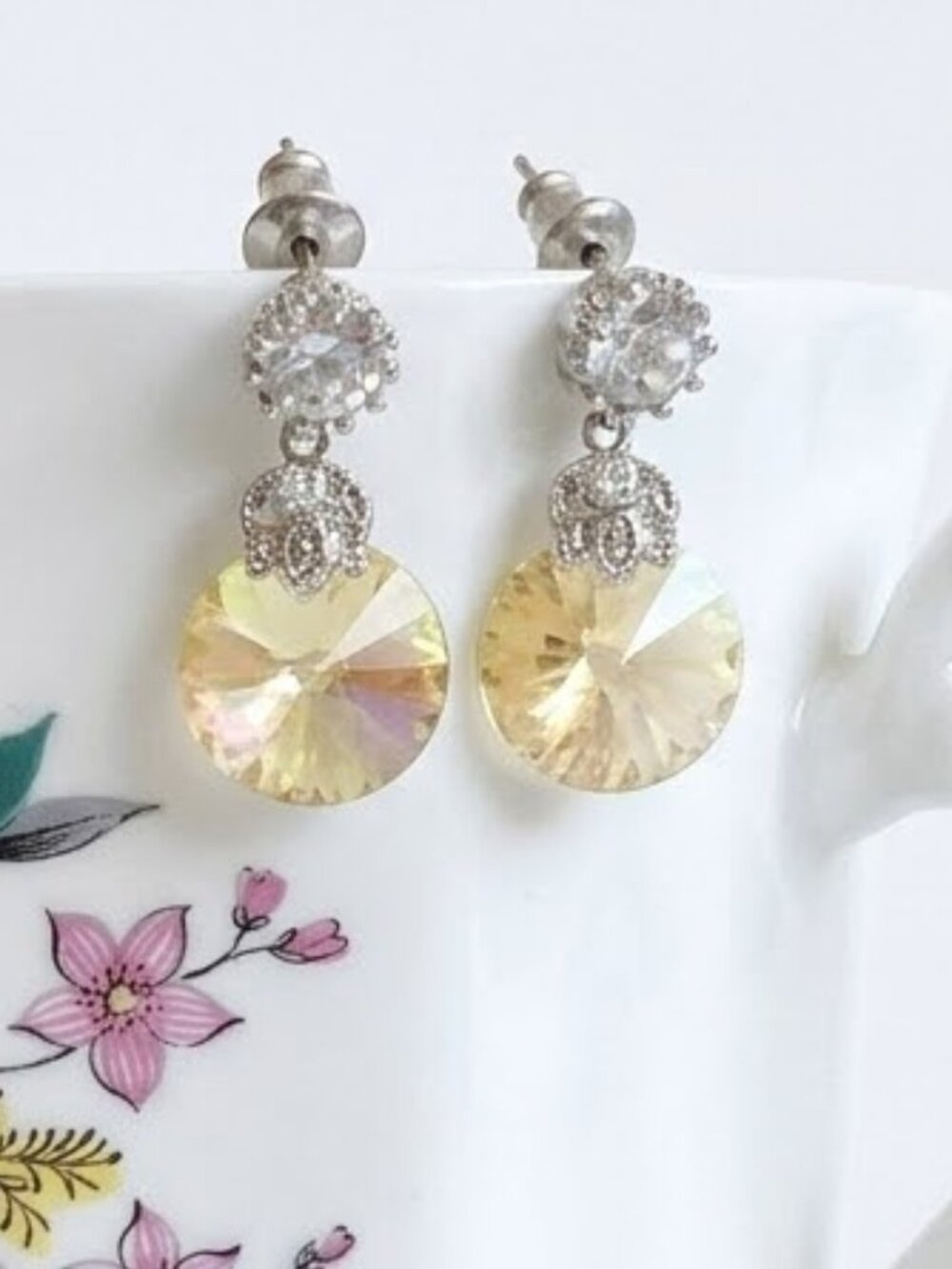 925 Sterling Silver Chartreuse Yellow Green Crystal Drop Dangle Earrings
